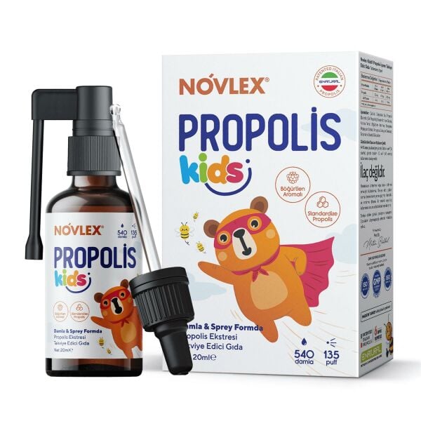 Novlex Propolis Kids Ekstrakt (Su Bazlı-Alkolsüz) Böğürtlen Aromalı Sprey & Damla (540 damla) Takviye Edici Gıda 20ml